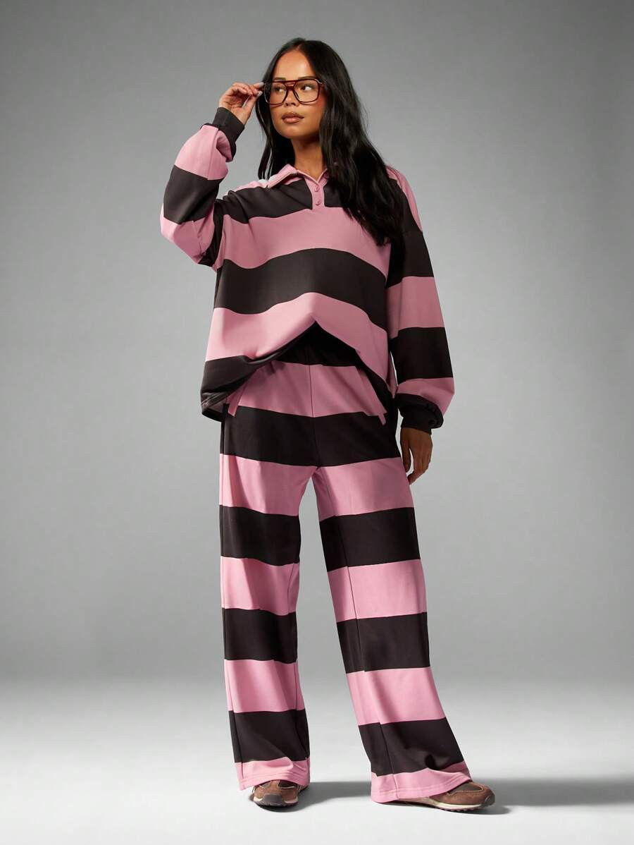 MISSGUIDED Oversized Rugby Two Piece Set With Wide Leg Pants Leisure Athleisure Retro Stripe Coll... | SHEIN