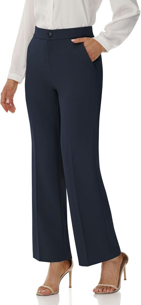 Soojun Women's Flat Front Wide Leg Pants Business Casual Trousers Office | Amazon (US)