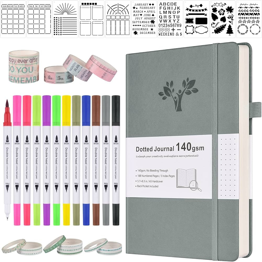 Bullet Dotted Journal Kit, 140gsm Hardcover A5 Dotted Journal with 188 Numbered Pages and 3 Index... | Amazon (US)