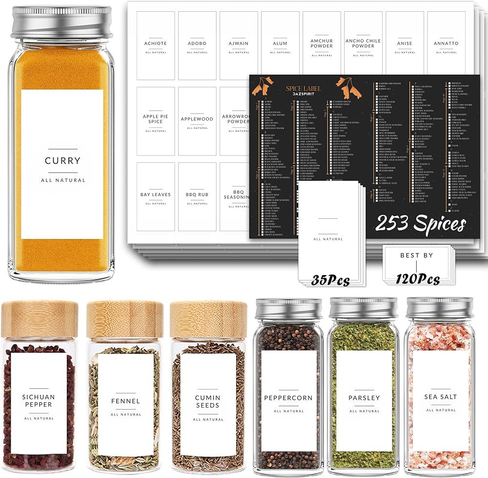 DazSpirit 408 Minimalist Spice Jar Labels, 253 Preprinted + 120 Expiration Date + 35 Blank Labels... | Amazon (US)