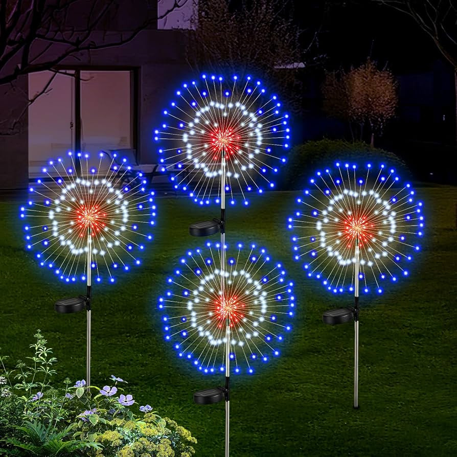 Lewondr 4th of July Firework Solar Garden Lights, Red Blue White Solar Firework Lights with 120 L... | Amazon (US)