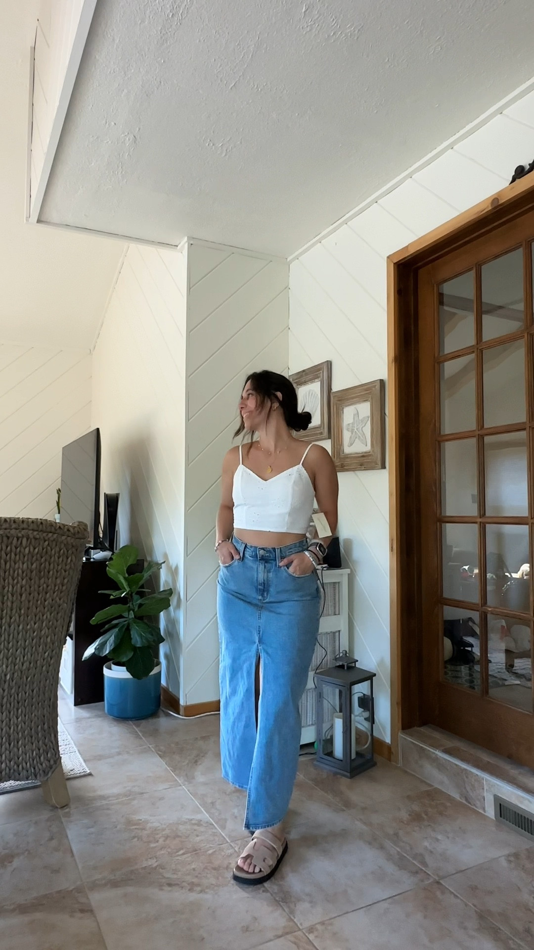 New favorite outfit for this summer: Long denim skirt paired with this cute cropped eyelet top and slide sandals! These Steve Madden sandals are true to size and absolutely beautiful. I’ll definitely be wearing this outfit for a night out with friends and summer concerts. 

#LTKShoeCrush #LTKItBag #LTKStyleTip