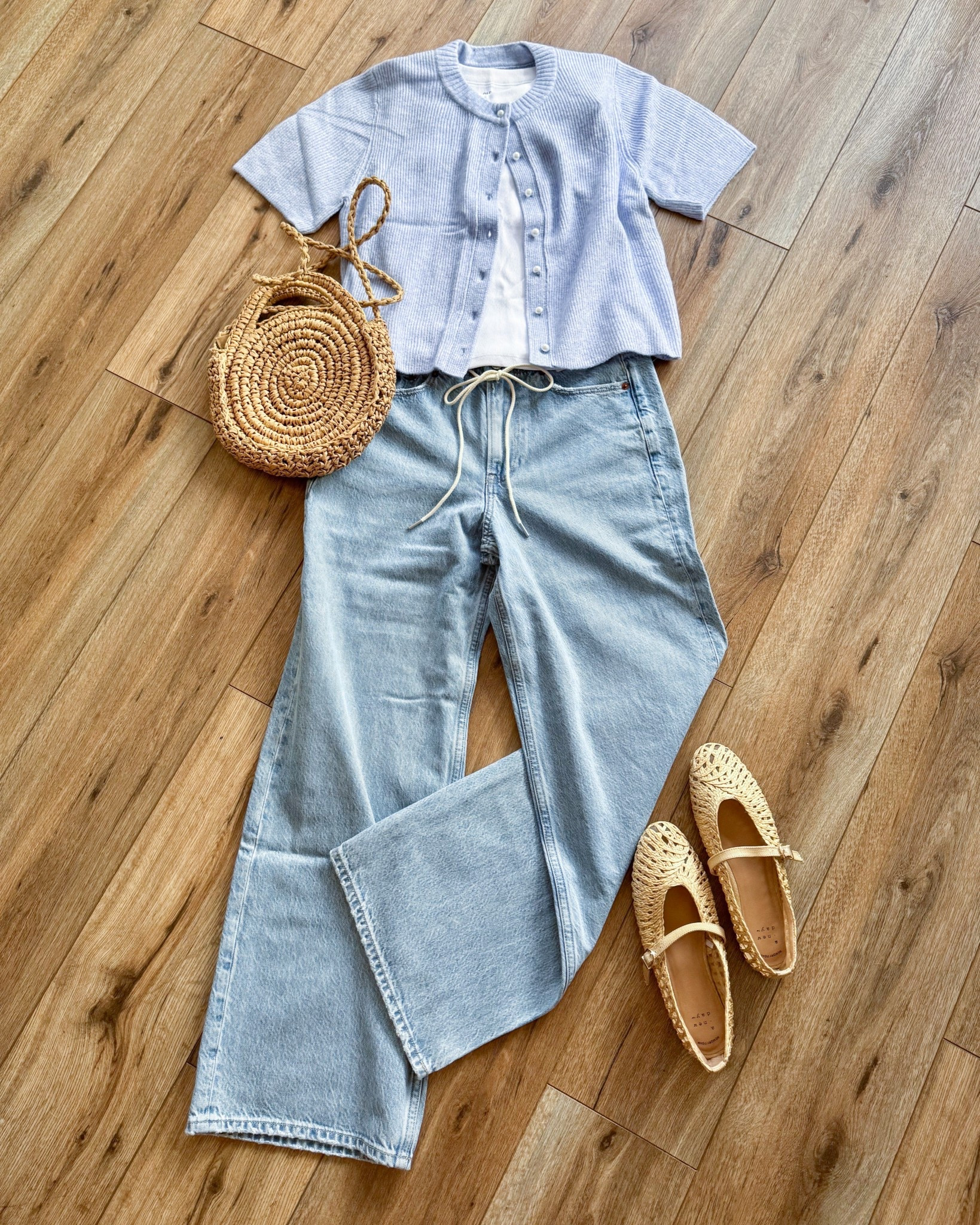 spring outfit idea. wide leg jeans, short leave cardigan and woven flats. @abercrombie 

#LTKSpringSale #LTKSeasonal #LTKootd