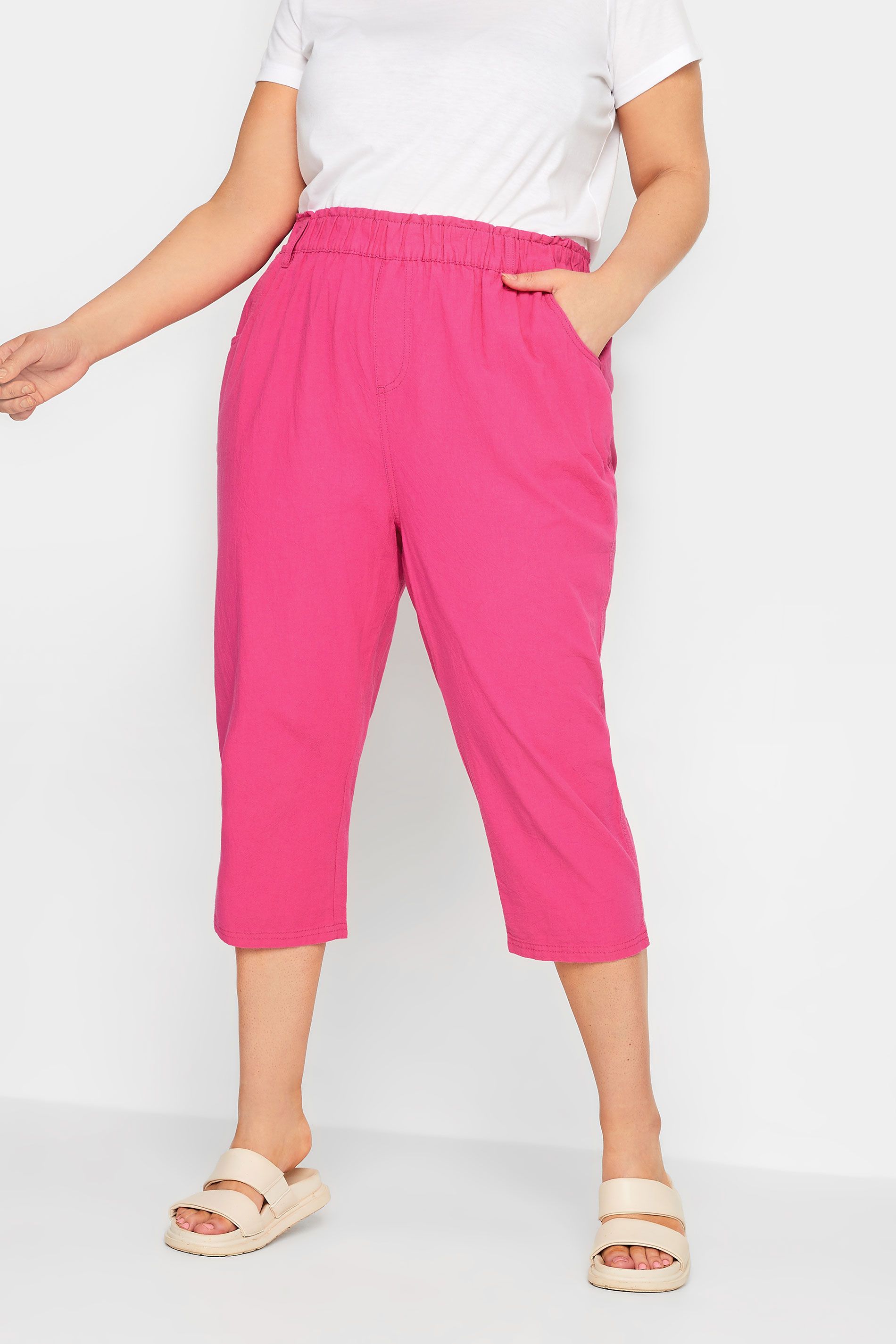 YOURS Curve Plus Size Hot Pink Cotton Cropped Trousers | Yours Clothing UK