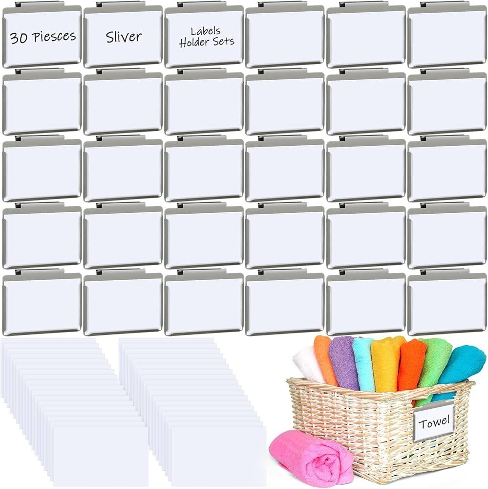 Basket Bin Labels Clips Label Holders Stainless Label Holders Removable Metal Bin Clips with Repl... | Amazon (US)