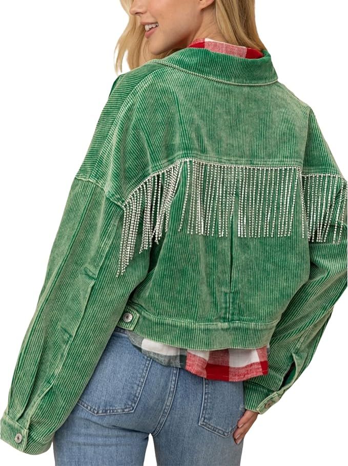 Himythe Women’s Cropped Fringe Jacket Lapel Long Sleeve Vintage Tassel Coat With Silver Rhinest... | Amazon (US)