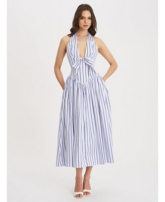 Women's Mackenna Navy Stripe Halter Smock Back Maxi Dress | Macy's