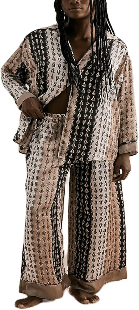 Womens Y2k Silk Pajama Sets Floral Print Long Sleeve Button Down Shirts Wide Leg Pants 2 Piece Lo... | Amazon (US)
