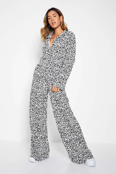 Cream Leopard Print Plisse Wide Leg Trousers | ISAWITFIRST UK
