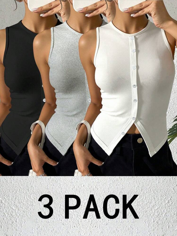 3-Piece Women’s Solid Color Elegant Small Round Neck Sleeveless Fitted Button Front Camisole Set | SHEIN