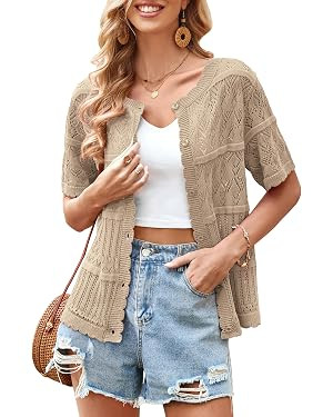 ECOWISH Summer Crochet Cardigans for Women: 2026 Lightweight Short Sleeve Crewneck Button Down Cr... | Amazon (US)