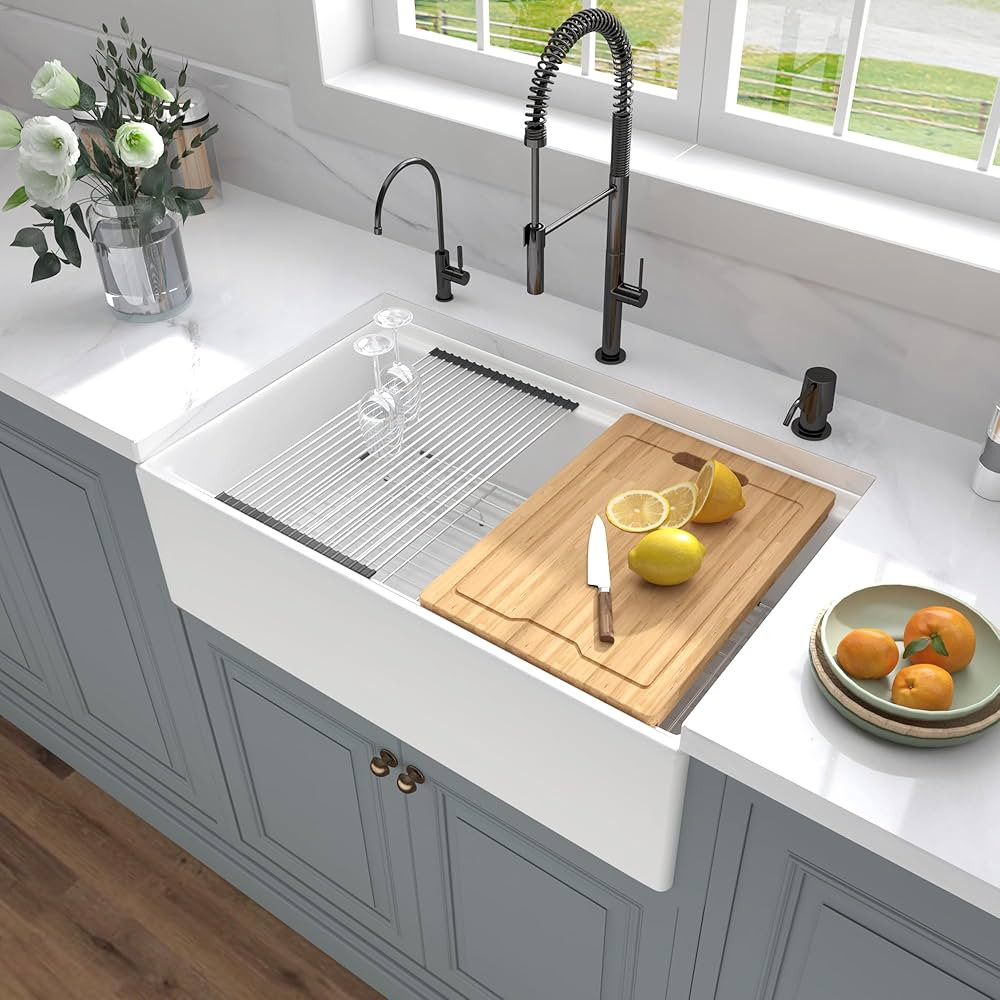 33 inch White Fireclay Farmhouse Sink, Hausinluck Workstation Apron Front Farm Kitchen Sink, Reve... | Amazon (US)