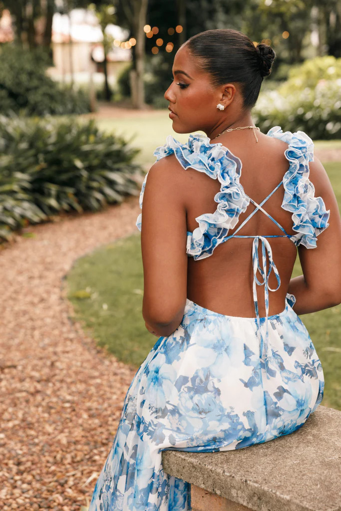 Lucah Frill Shoulder Maxi Dress - Blue White Floral | Petal & Pup (US)