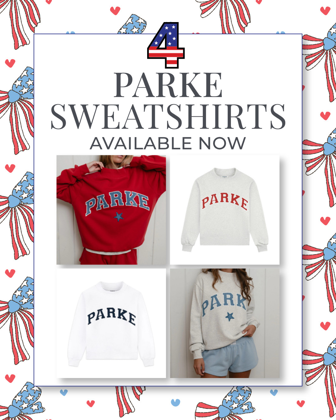 Parke sweatshirts are more popular than ever, and after owning one myself, I completely get the hype. They are ridiculously comfortable, easy to wear, and I love that the neckline does not feel tight.
These styles are so cute for the 4th of July and currently available. 
Parke always sells out fast, so I wanted to share them while they are still in stock.
Sizing note: most girls seem to ask for the L/XL. I’m 5’2” with a small frame, and both the S/M and L/XL work well on me, depending on the fit I want. #July4thoutfits #americanflag #july4th

#LTKgrwm #LTKootd