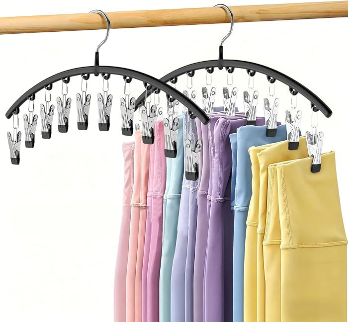 Legging Organizer for Closet, Metal Yoga Pants Hangers 2 Pack w/10 Clips Holds 20 Leggings, Space Saving Hanging Closet Organizer w/Rubber Coated Closet Organizers and Storage, Black | Amazon (US)