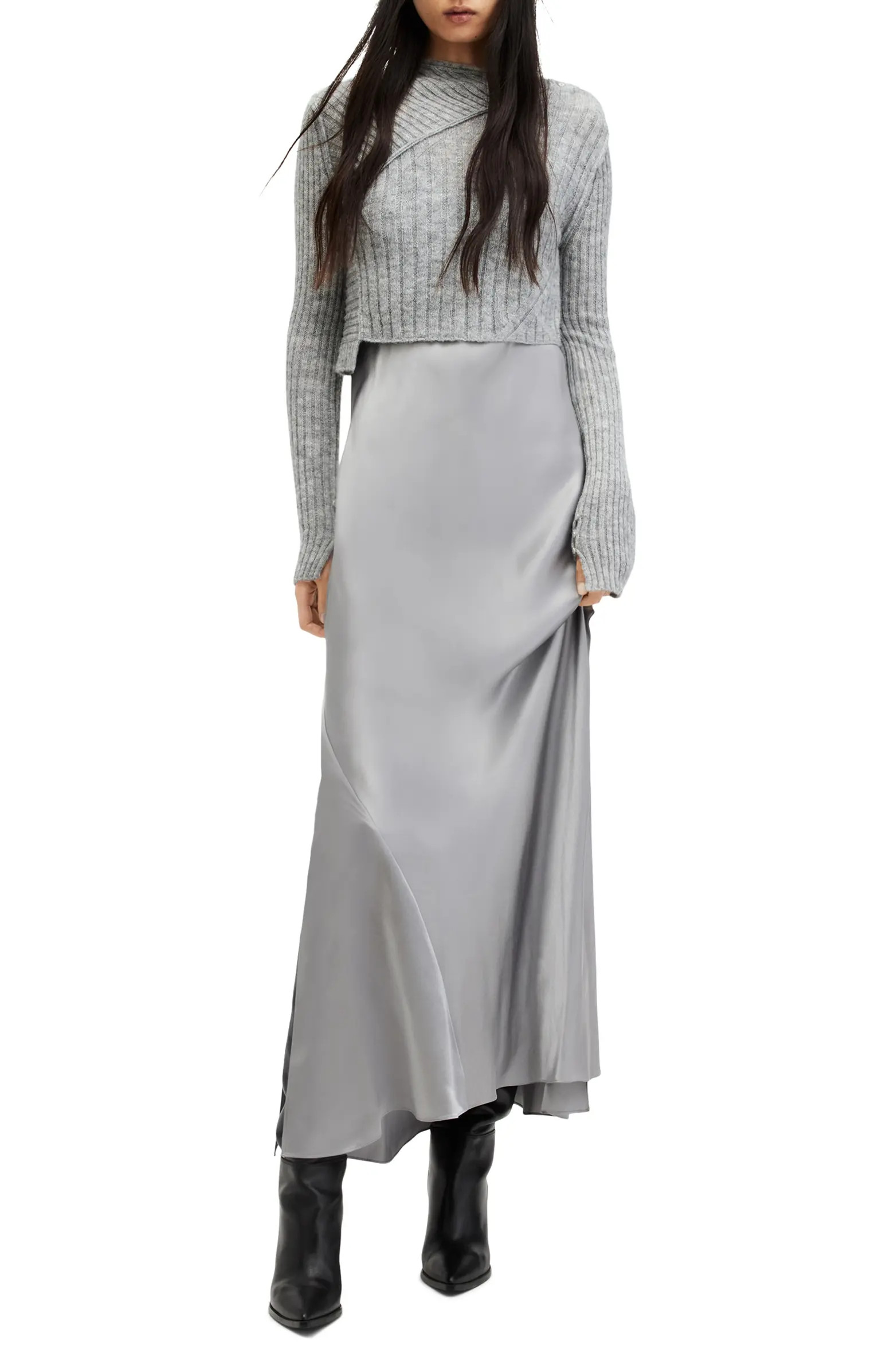 AllSaints Amos Two-Piece Sweater & Satin Dress | Nordstrom | Nordstrom