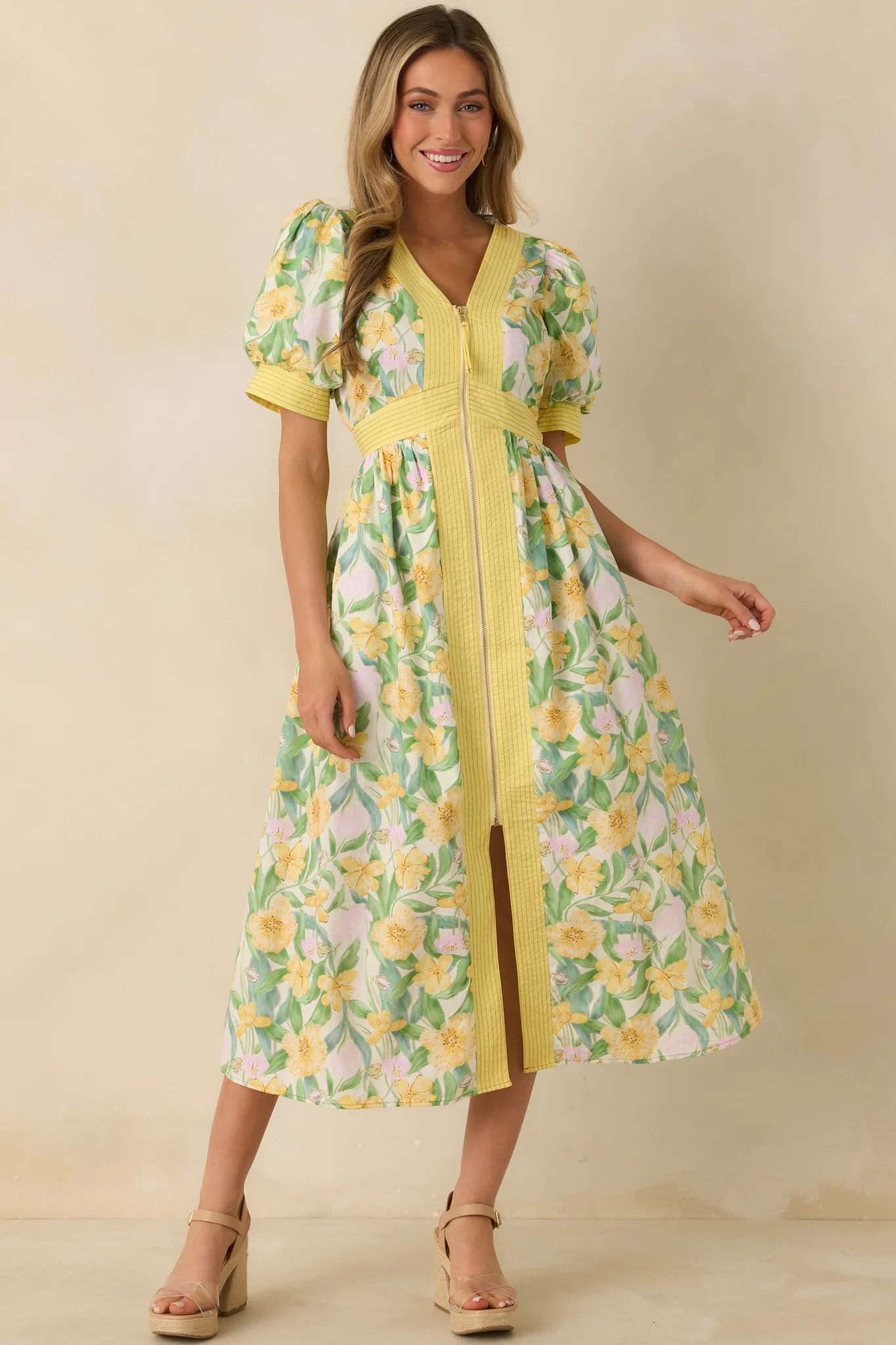 Color Me Floral Yellow Multi Floral Print Cotton Zip Front Midi Dress | Red Dress