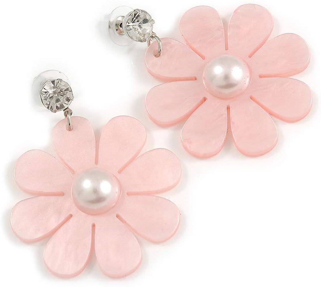 Light Pink Acrylic Flower Drop Earrings In Silver Tone - 55mm L | Amazon (US)