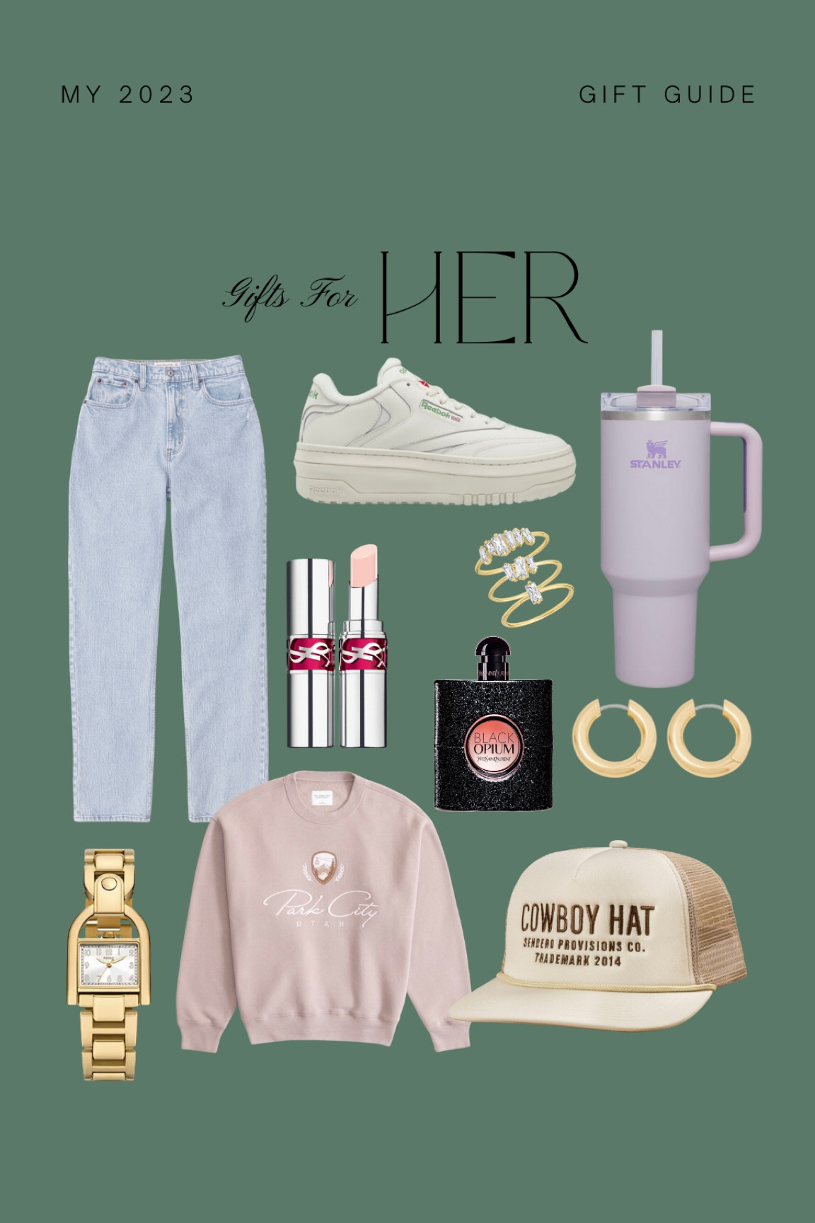 For her, inspired by some of my own favorites! Stanley 40oz to keep my hydrated, my favorite everyday jewelry and perfume that smells delicious! Cutie baseball cap and my absolute fav jeans and sneakers! 🎁💕

#LTKbeauty #LTKHoliday #LTKGiftGuide