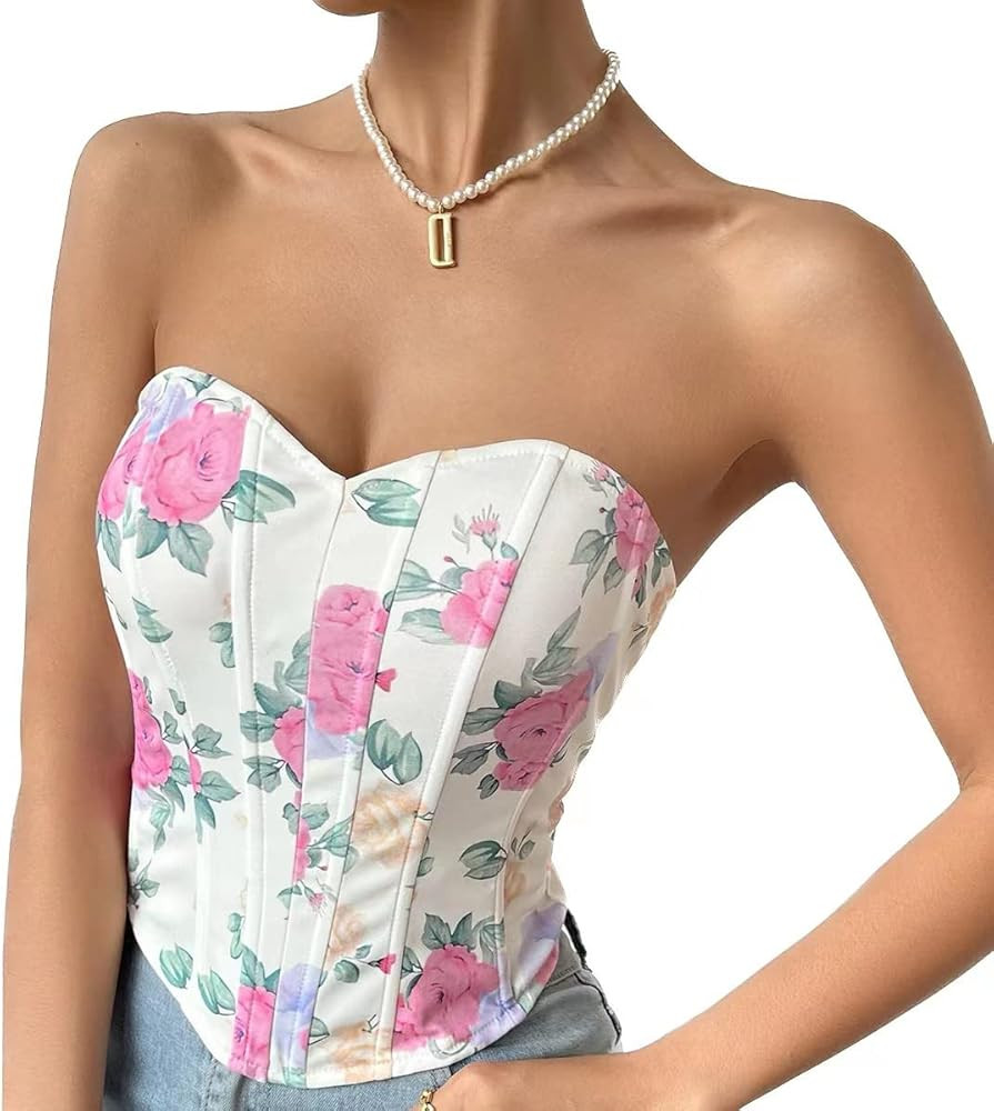 Women's Strapless Flloral Print Bustier Corset Top Asymmetrical Hem Crop Tops Boned Tube Top | Amazon (US)