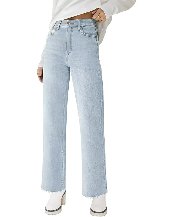 KDF Straight Leg Jeans for Women High Waisted Jeans Frayed Baggy Pants Raw Hem Loose Stretchy Cro... | Amazon (US)