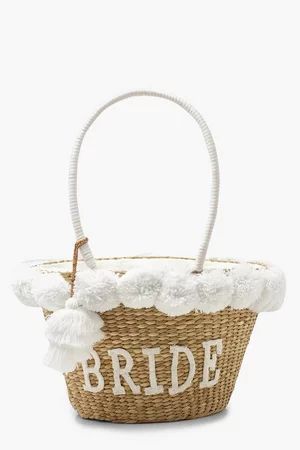 Bride Straw & Pom Pom Large Beach Bag | Boohoo.com (US & CA)