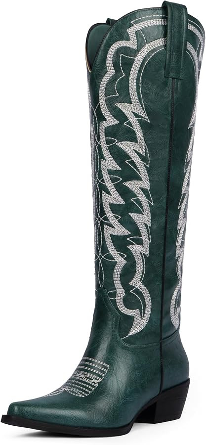 Modatope Cowboy Knee High Boots for Women Pointed Toe Chunky Heel Embroidered Wide Calf Cowgirl B... | Amazon (US)