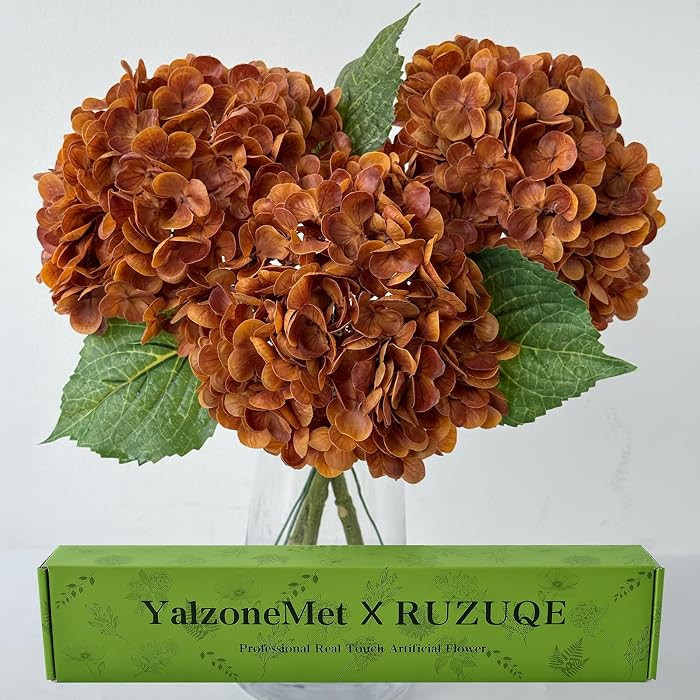YalzoneMet 3 Pcs Orange Brown Hydrangea Artificial Flowers 21\u2018\u2019 Real Touch Latex Hydran... | Amazon (US)
