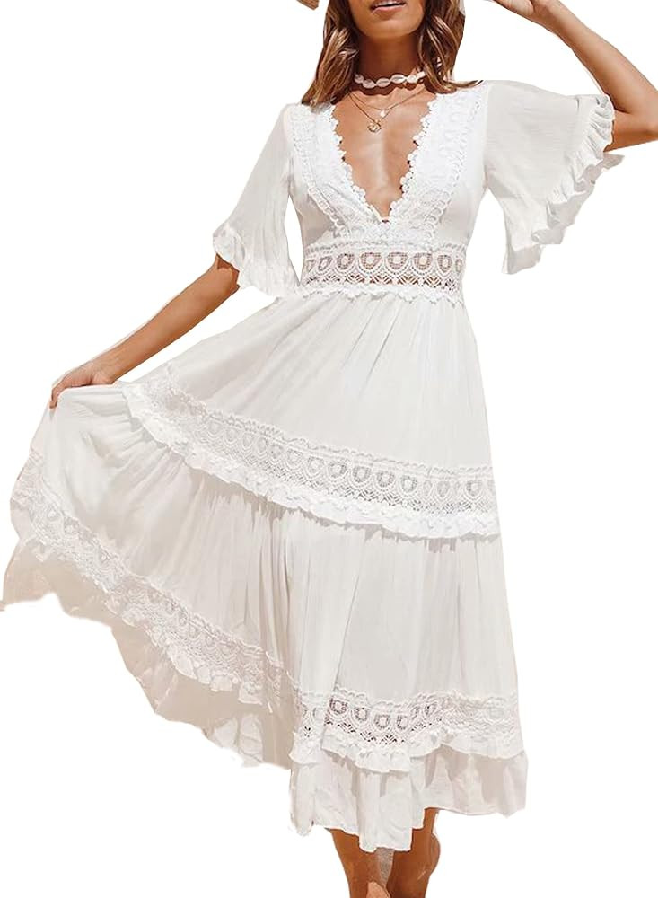BOMBAXCEIBA Women's Lace Maxi Maternity Beach Dress Crochet Wedding Baby Shower Dresses | Amazon (US)