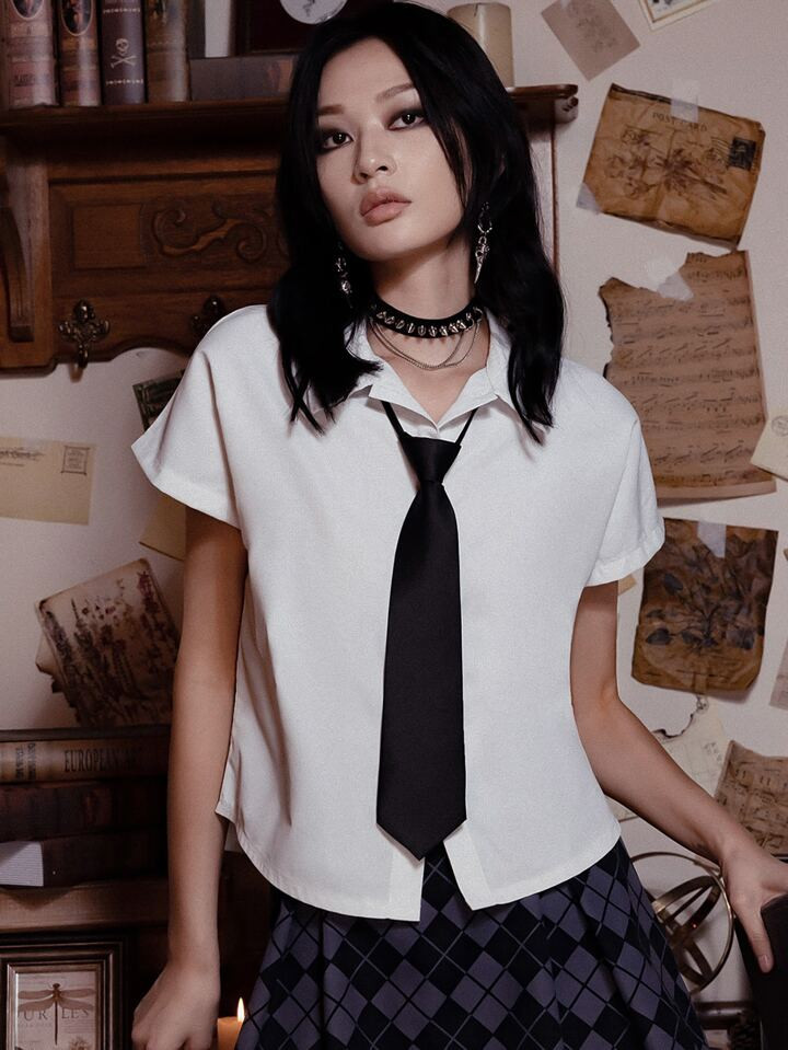 Academia Solid Button Front Shirt Without Tie | SHEIN