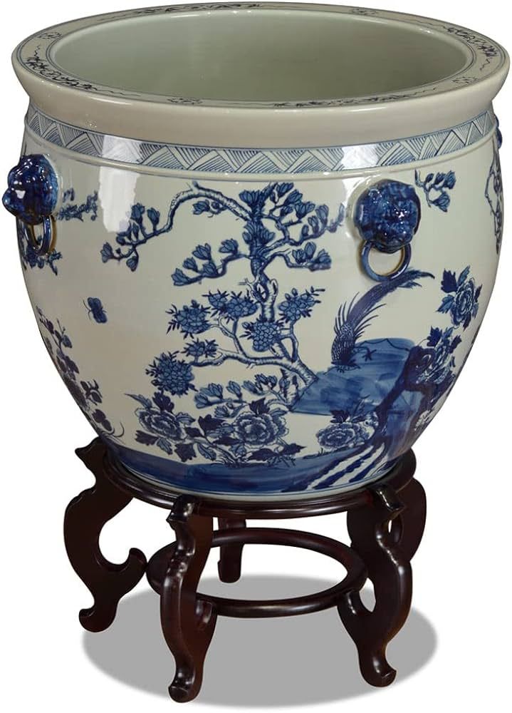 ChinaFurnitureOnline 22 Inch Blue and White Porcelain Bird and Flower Chinese Fishbowl Planter | Amazon (US)