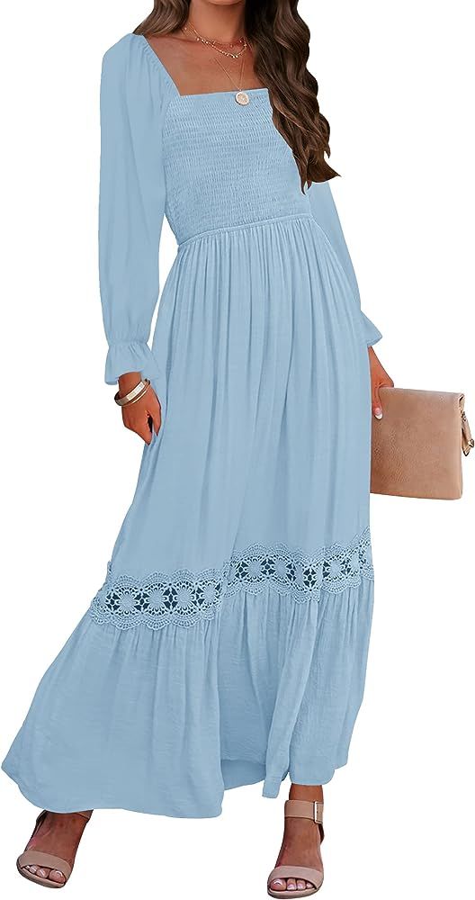 ZESICA Women's 2023 Boho Long Sleeve Square Neck Smocked High Waist Flowy A Line Lace Trim Maxi Dres | Amazon (US)