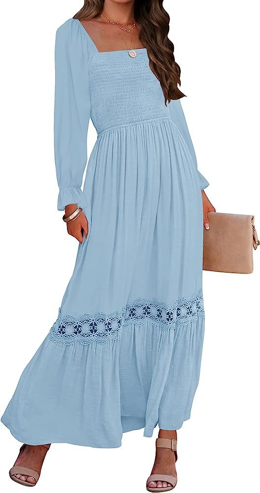 ZESICA Women's 2023 Boho Long Sleeve Square Neck Smocked High Waist Flowy A Line Lace Trim Maxi D... | Amazon (US)