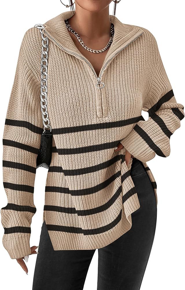 Zeagoo Women's Fashion 2023 Sweaters Quarter Zip Pullover Long Oversized Knit Sweater Winter Clot... | Amazon (US)