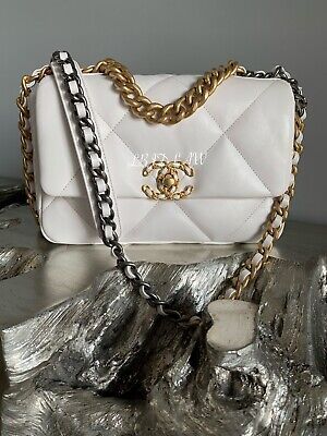 CHANEL 21P Small 19 Flap Bag Medium Shiny White Lambskin Gold Silver 2021 NWT  | eBay | eBay US