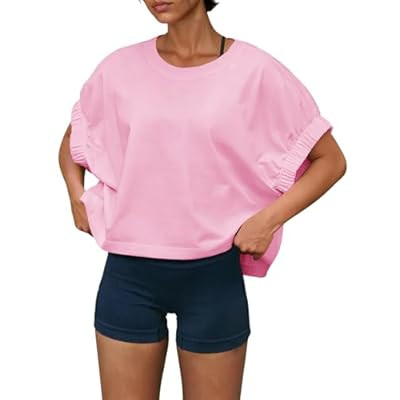 Fisoew Womens Oversized Workout Tops Short Sleeve Elastic Cuff Loose Fit T Shirt Cropped A… | Amazon (US)