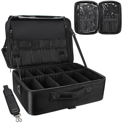 Relavel Extra Large Makeup Case with Makeup Brush Bag, Travel Makeup Train Case Professional Makeup Artist Bag Portable Nail Organizer Box Art Supply Case (Black with Makeup Brush Bag) | Amazon (US)