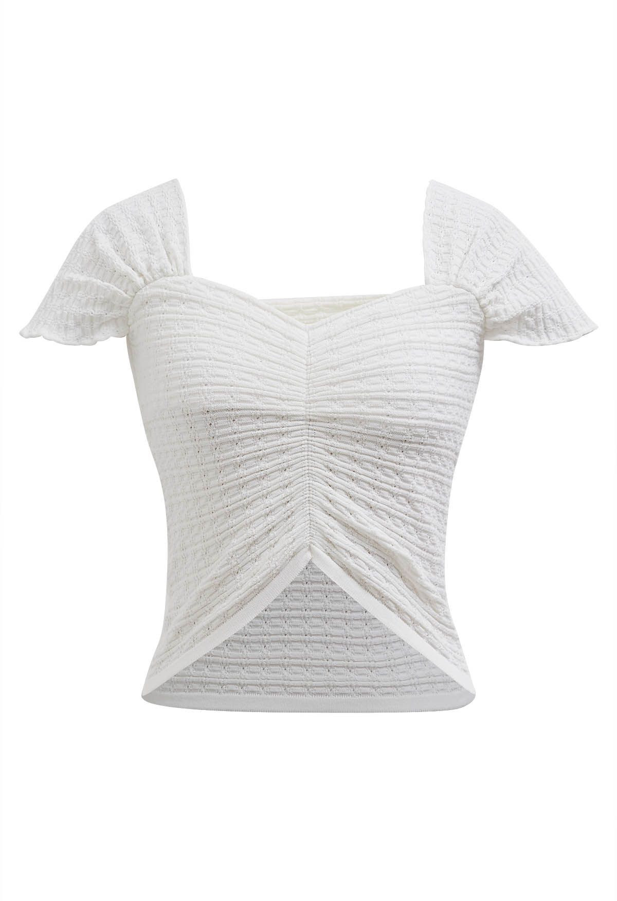 Sweetheart Neckline Shirred Crop Knit Top in White | Chicwish