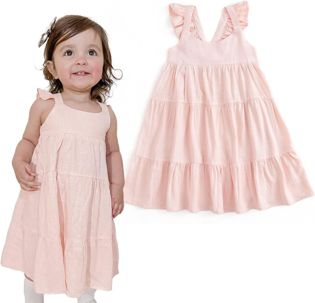 Curipeer Toddler Girls Linen Solid Dress with Smocking Girls Casual Sleeveless Dress 12M-8T | Amazon (US)