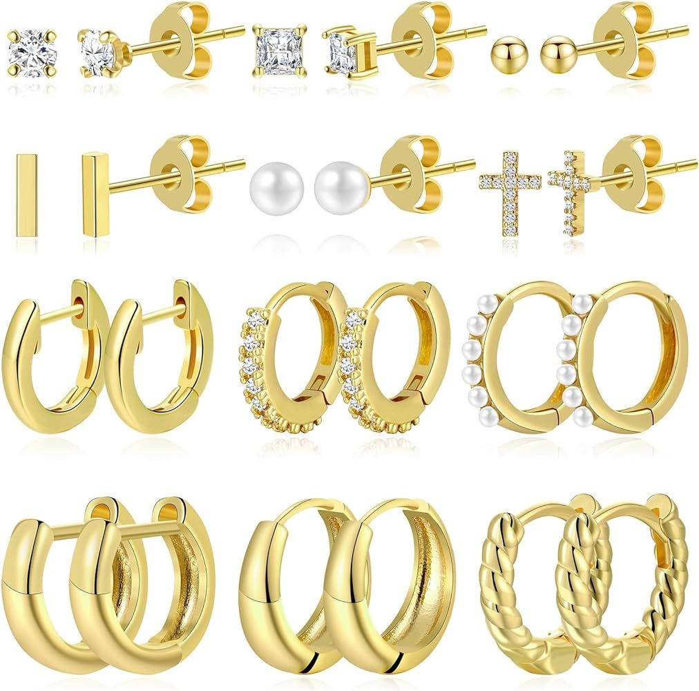 12 Pairs Small Gold Huggie Hoop Earrings Set for Women, 14K Gold Plated Hypoallergenic Tiny Trend... | Amazon (US)