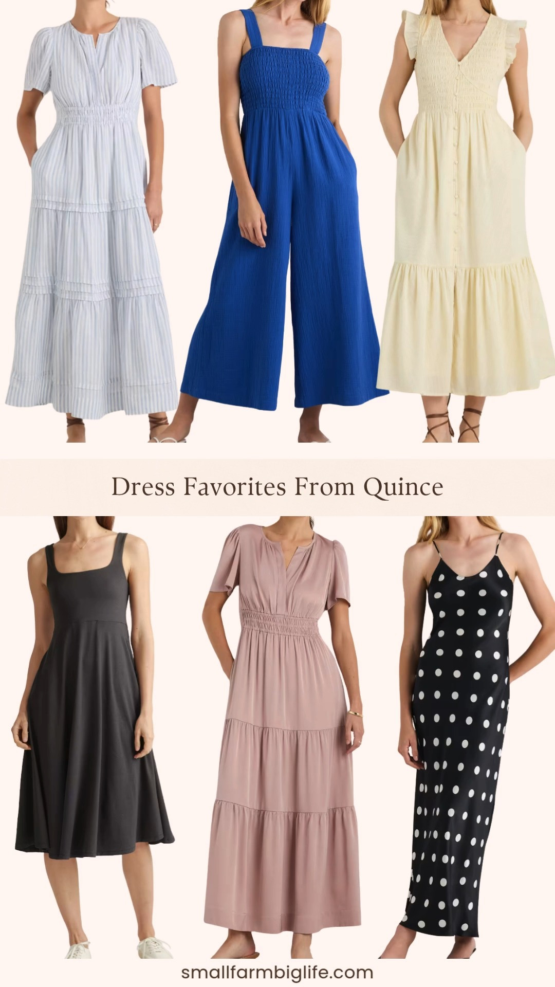 Quince dress favorites and this round up is absolutely stunning for spring and summer 🌿✨ A vintage pink washable stretch silk tiered maxi dress, a black and white polka dot 100% washable silk maxi slip dress, a cobalt blue 100% organic cotton gauze smocked wide leg jumpsuit, a butter yellow organic textured cotton smocked v-neck midi dress, a black Flowknit breeze fit and flare dress, and a sky blue mariner stripe 100% European linen tiered maxi dress. The quality from Quince is genuinely incredible and every single piece in this round up is made from beautiful natural fabrics at a price point that is so hard to find anywhere else. Silk, linen, organic cotton are the kinds of fabrics that feel amazing to wear all spring and summer long. Everything is linked! 🛒 

 #LTKgrwm #LTKootd #LTKOver40