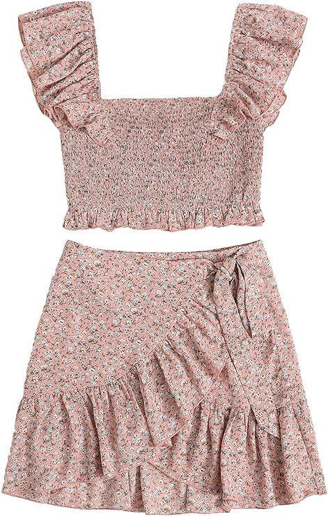 MakeMeChic Women's Two Piece Ruffle Trim Cami Crop Top and Wrap Skirt Set | Amazon (US)