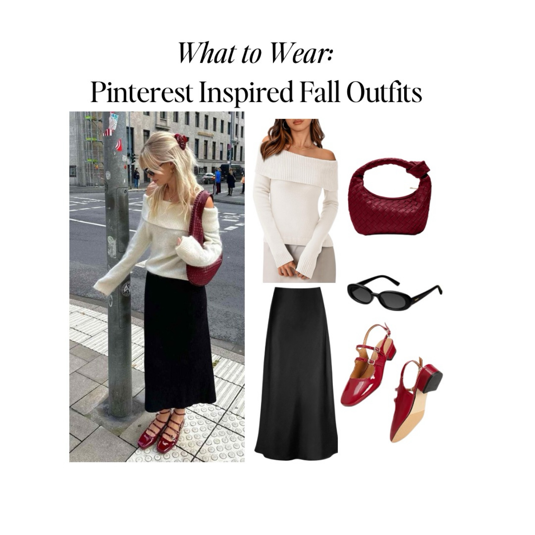 Channeling those classic Pinterest vibes today with a sleek black silk skirt and cozy off-the-shoulder white sweater. 🖤🤍 Adding a pop of red with the shoes and bag for a little extra drama! 💋✨ Obsessed with how these bold accents elevate the whole look. What do you think of this chic combo? #PinterestInspired #FallOutfitInspo #SilkAndSweater #PopOfRed #EffortlessChic #FallFashion #OOTD #StyleInspo