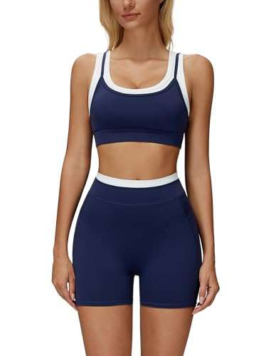 ABOCIW Workout Sets for Women Color Block Layered Square Neck Sports Bra Matching Tummy Control High Wait Biker Shorts 2 Piece Gym Sets Yoga Pilates Outfits Activewear Navy Medium | Amazon (US)