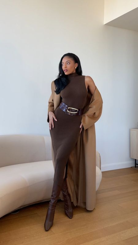 A brown and camel look. 
Cashmere dress, camel coat. 

#LTKstyletip
