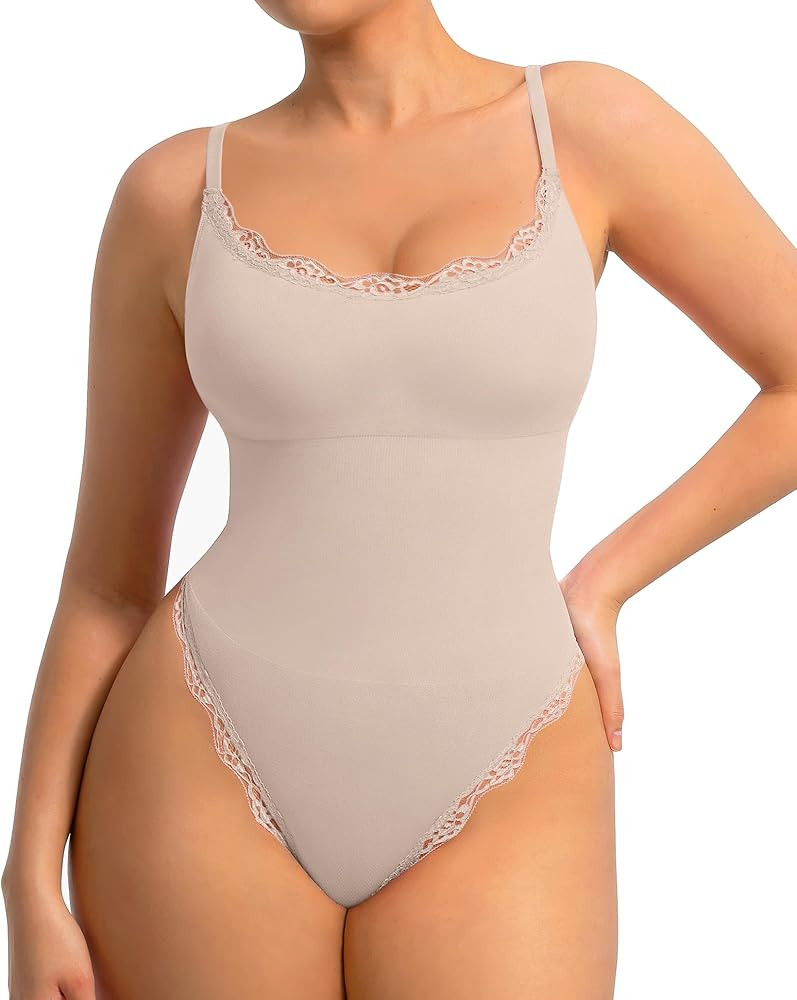 FeelinGirl Lace Bodysuits for Women Shapewear Tummy Control Thong Cami Bodysuit Tops with Adjusta... | Amazon (US)