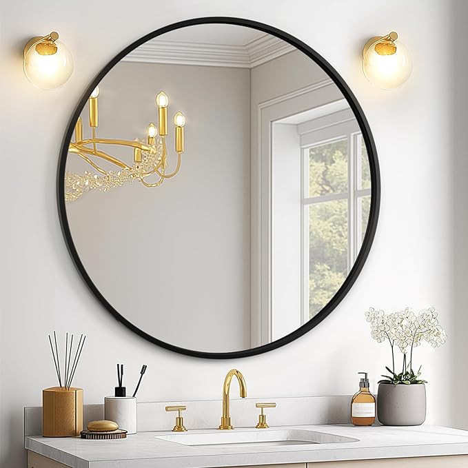 Black Round Mirror for Over Sink 24-inch, Circle Bathroom Mirror, Metal Frame Vanity Mirror, Mode... | Amazon (US)