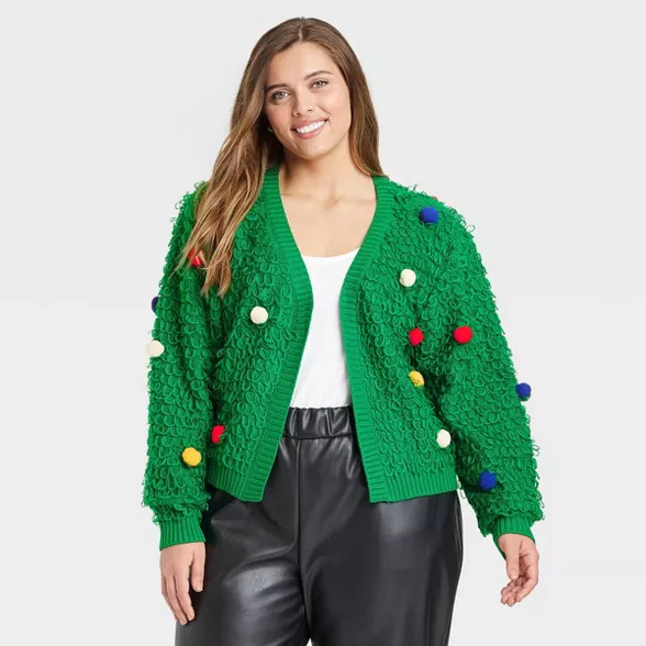 Women's Holiday Pom Pom Graphic Cardigan - Green | Target