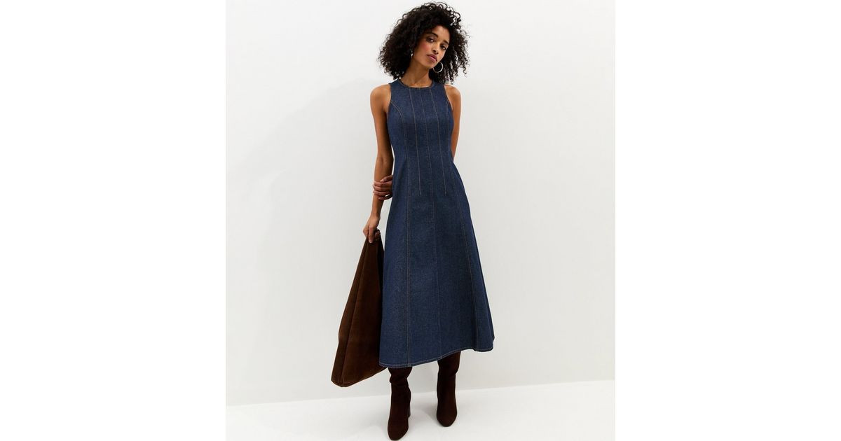 Navy Denim A-Line Sleeveless Midi Dress | New Look | New Look (UK)