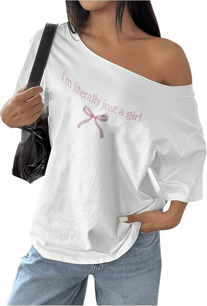 Women's Oversized Off Shoulder Graphic Tees Short Sleeve Bow Letter Print T Shirts Y2K Tops | Amazon (US)